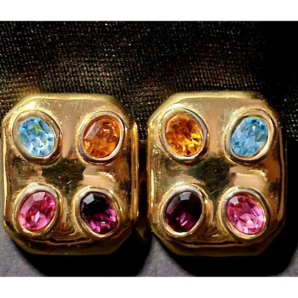 Vintage Gripoix Clip On Earrings Gold Tone Cabochon Glass Inlay Stones EUC! - Picture 4 of 11